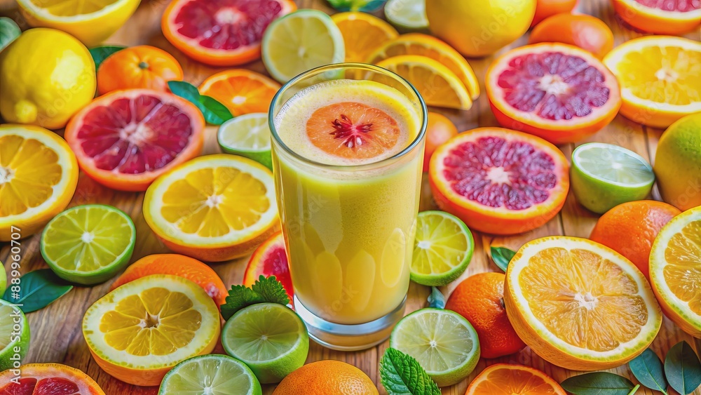 Vibrant yellow banana smoothie fills a clear glass, surrounded by sliced citrus fruits on a colorful fruit-filled background. Vibrant yellow banana smoothie fills a clear glass, surrounded by sliced citrus fruits on a colorful fruit-filled background.