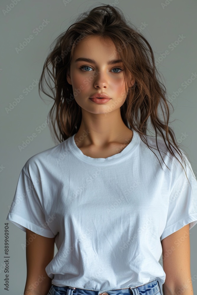 White tshirt mockup on woman model created with Generative AI White tshirt mockup on woman model created with Generative AI