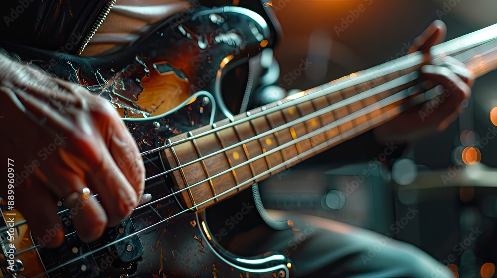 Fototapeta premium Close-up of fingers plucking strings on an electric bass guitar, with focus on technique