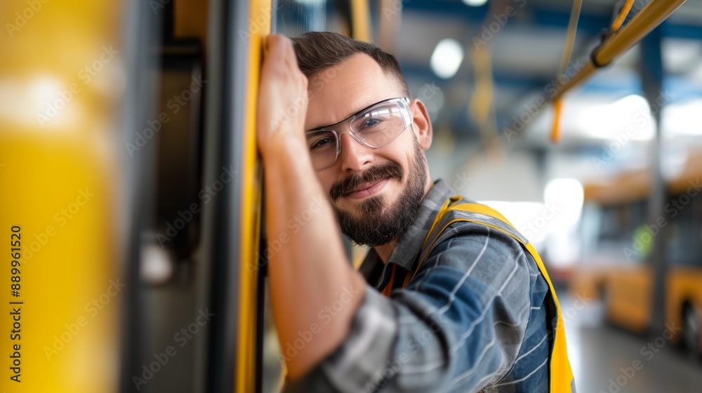 Smiling bus mechanic leans against yellow bus in workshop. Smiling bus mechanic leans against yellow bus in workshop.