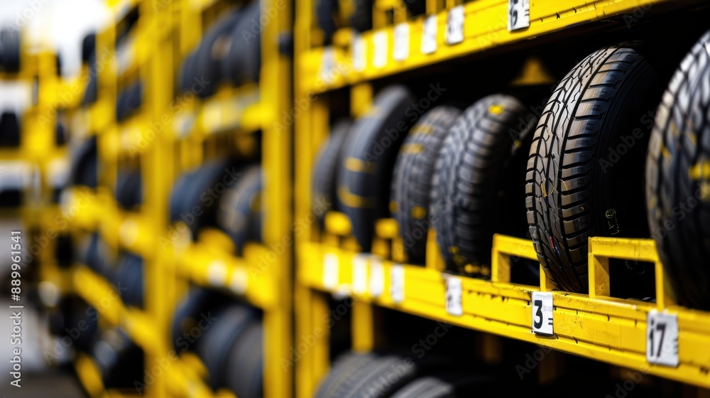 Close-up of Tires Stacked on Yellow Shelves Close-up of Tires Stacked on Yellow Shelves