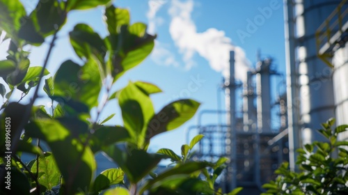 Green Leaves Obscure a Blurred Industrial Complex