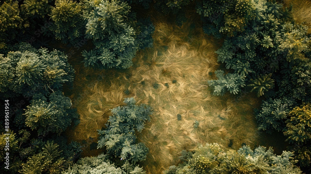 Aerial view of a forest clearing. This photo can be used for website backgrounds, social media posts, or other projects that require a natural and serene feel.
