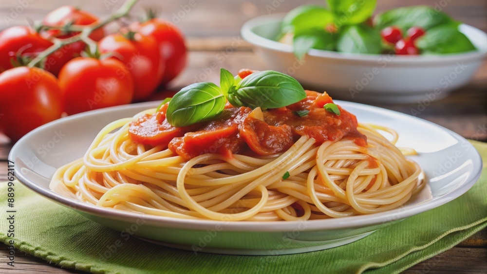Freshly cooked spaghetti twirled in a delicate porcelain plate, topped with vibrant basil leaves and rich tomato sauce garnish. Freshly cooked spaghetti twirled in a delicate porcelain plate, topped with vibrant basil leaves and rich tomato sauce garnish.