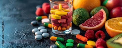 A balanced breakfast table with colorful fruits, multivitamins, and a glass of water, emphasizing healthy living and daily nutrition