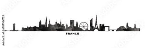 France country skyline, cities panorama. Vector banner or long logo with abstract texture. Paris, Lyon, Marseille, Toulouse, Strasbourg  silhouette, isolated graphic