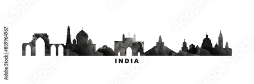 India country skyline, cities panorama. Vector banner or long logo with abstract texture. Mumbai, New Delhi, Kolkata, Bangalore silhouette, isolated graphic