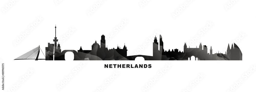 Netherlands, Holland country skyline, cities panorama. Vector banner or long logo with abstract texture. Amsterdam, Rotterdam, The Hague, Utrecht silhouette, isolated graphic Netherlands, Holland country skyline, cities panorama. Vector banner or long logo with abstract texture. Amsterdam, Rotterdam, The Hague, Utrecht silhouette, isolated graphic