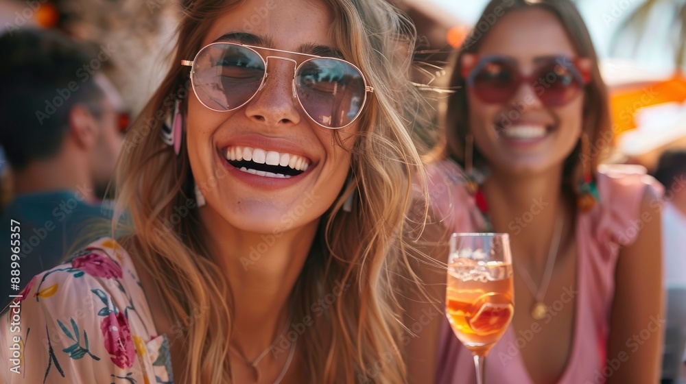 Obraz premium Candid moment of a group of stylish friends laughing together at an outdoor cafe, showcasing trendy casual wear