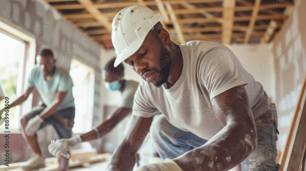 A team of people repairing homes for low-income families, working together to improve living conditions A team of people repairing homes for low-income families, working together to improve living conditions