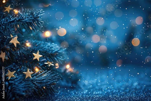 A blue Christmas background with lights and glitter. Perfect for festive greetings and holiday designs.