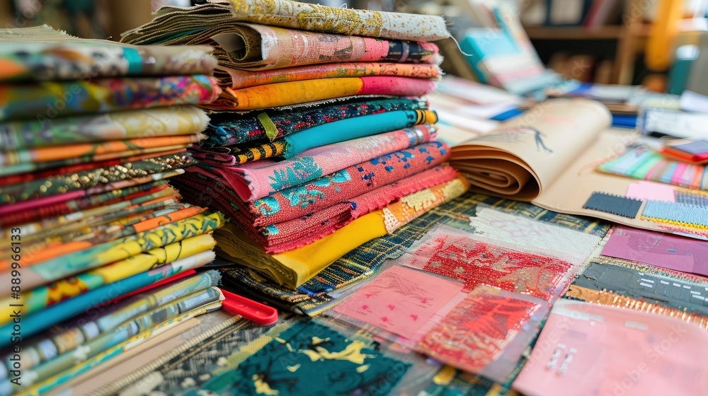Detail shot of a fashion designer's sketchbook filled with creative designs and fabric swatches Detail shot of a fashion designer's sketchbook filled with creative designs and fabric swatches