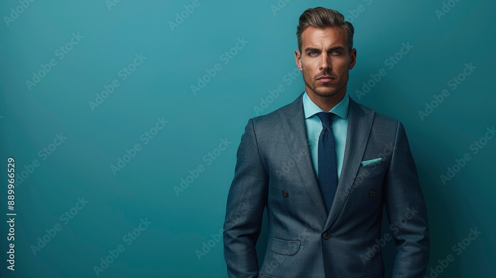 Portrait of a confident male model in a tailored suit, posing against a minimalist studio background Portrait of a confident male model in a tailored suit, posing against a minimalist studio background