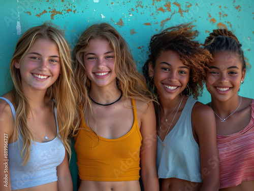 a medium shot of a diverse group of happy teenagers standing in a row, leaning against a turquoise wall