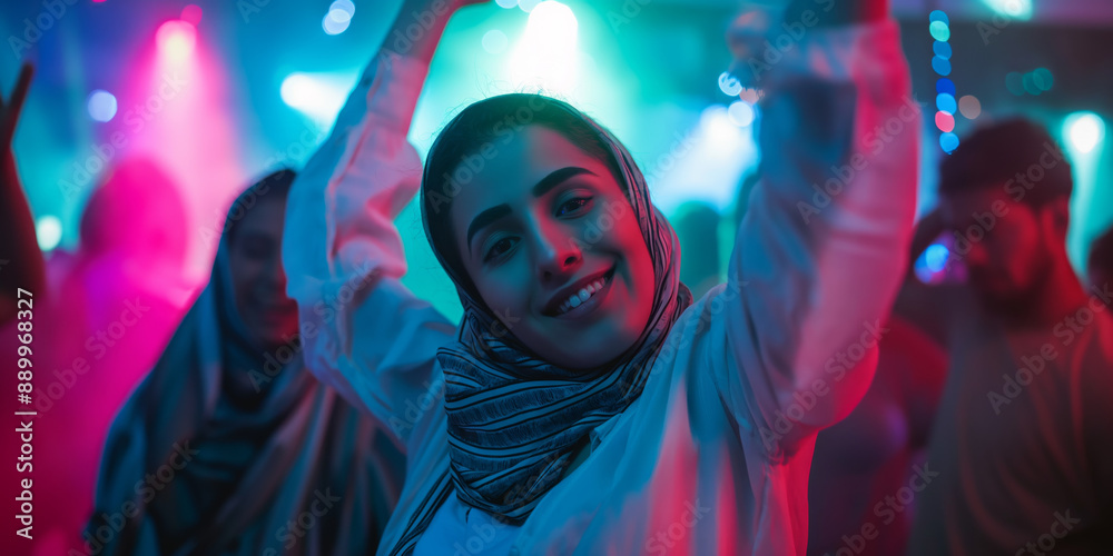 Young Woman Joyfully Dancing at a Nightclub with Colorful Lights and Music Young Woman Joyfully Dancing at a Nightclub with Colorful Lights and Music