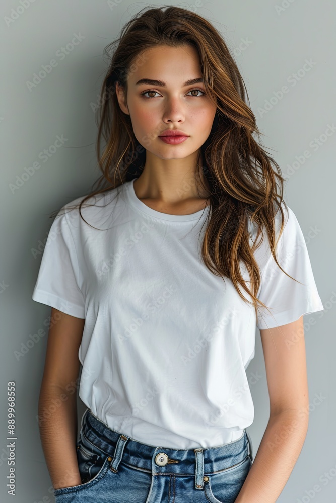 White tshirt mockup on woman model created with Generative AI