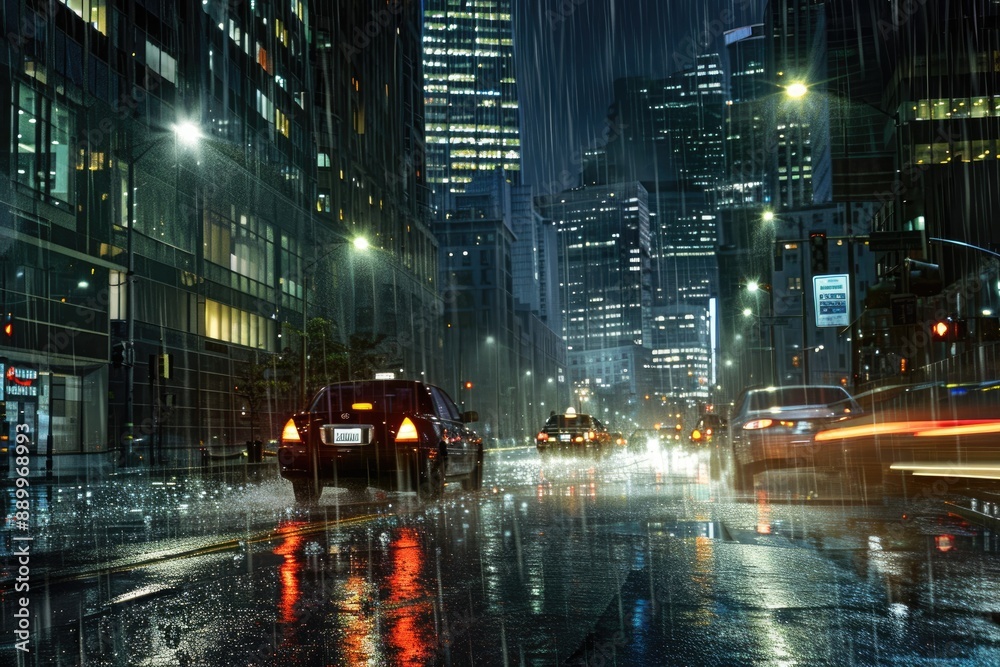 A single car drives down a rain-soaked city street, with towering buildings lining both sides and streetlights reflecting off the wet asphalt A single car drives down a rain-soaked city street, with towering buildings lining both sides and streetlights reflecting off the wet asphalt