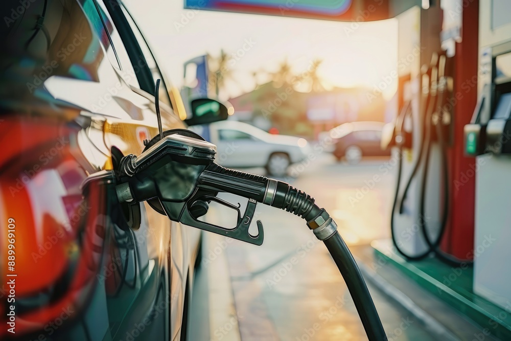 A black gas pump nozzle inserted into the fuel tank of a car, with a blurred background of a gas station and a setting sun A black gas pump nozzle inserted into the fuel tank of a car, with a blurred background of a gas station and a setting sun