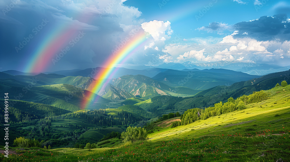 Spectacular Views: Rainbow Over Valley with Vibrant Multicolored Arcs Stretching Wide Spectacular Views: Rainbow Over Valley with Vibrant Multicolored Arcs Stretching Wide