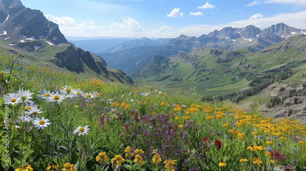 Fototapeta premium A scenic mountain range with rugged peaks and a valley below, covered in wildflowers and greenery