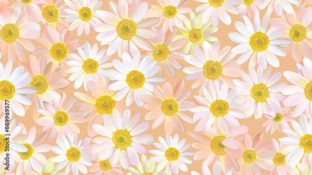 A vibrant array of daisies, each with their delicate petals, bloom in a warm peach hue A vibrant array of daisies, each with their delicate petals, bloom in a warm peach hue