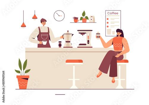 Barista Vector Illustration Wearing an Apron, Standing and Whipping Milk into a Coffee Mug for a Customer in a Flat Style Cartoon Background