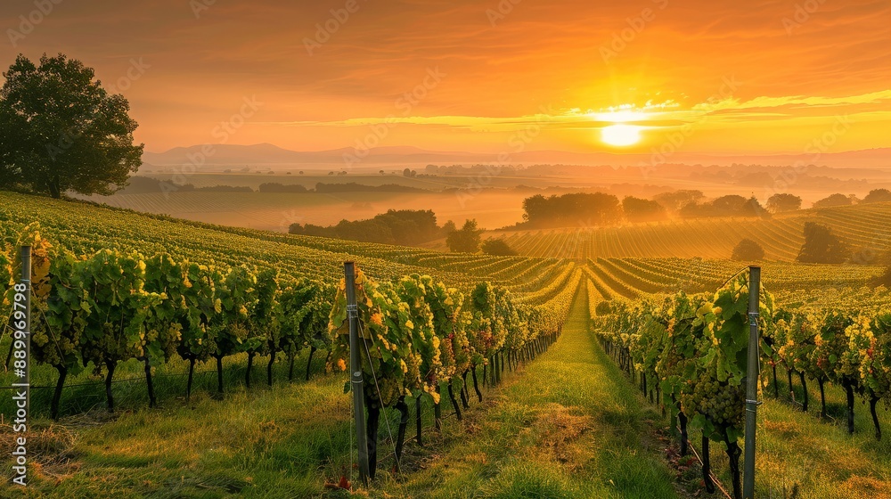 Naklejka premium A scenic view of a vineyard at sunrise, with rows of grapevines stretching into the distance