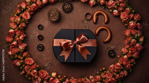 flat lay present and horseshoe arrangement, Generative AI.