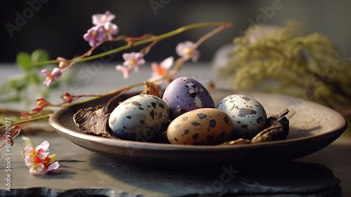 Frame between easter eggs on plate near little stones in bowl and flower twigs, Generative A