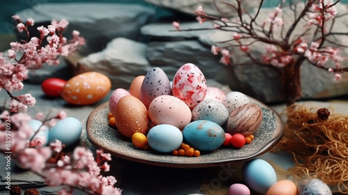 Frame between easter eggs on plate near little stones in bowl and flower twigs, Generative A