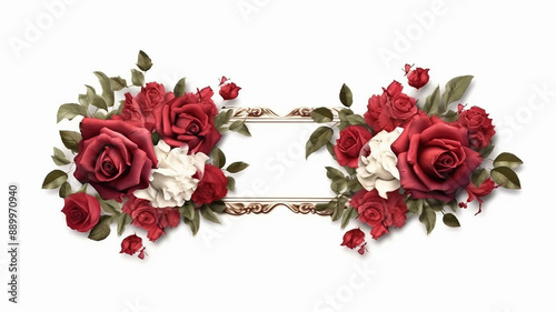 frame made with decorated red roses on white background, Generative A