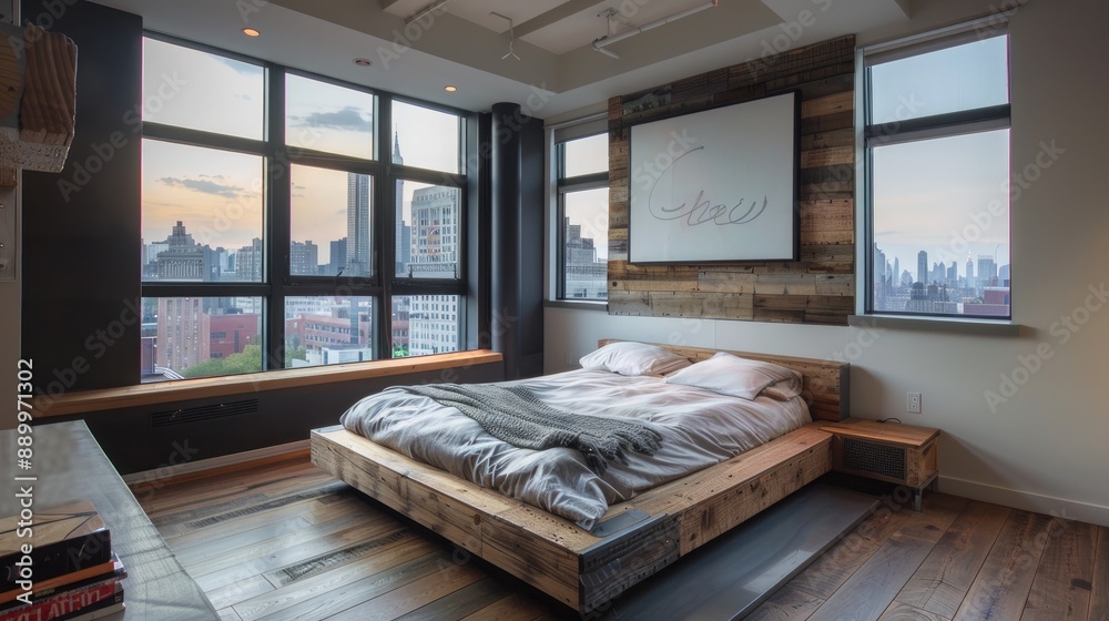 Modern Loft Bedroom with Reclaimed Wood Platform Bed and Cityview Window Modern Loft Bedroom with Reclaimed Wood Platform Bed and Cityview Window