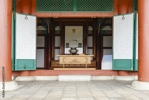 Dongnam-gu, Cheonan-si, Chungcheongnam-do, South Korea - January 1, 2014: Front view of portrait of Yu Gwan-sun on photo frame at Shrine of Yu Gwan-sun Memorial Hall
 photo