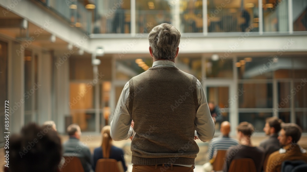 A business demonstration in a modern office, an adult man wearing a sweater, vest, and tie is giving a presentation to colleagues in a glass walled room. Natural light enhances the scene, A business demonstration in a modern office, an adult man wearing a sweater, vest, and tie is giving a presentation to colleagues in a glass walled room. Natural light enhances the scene,