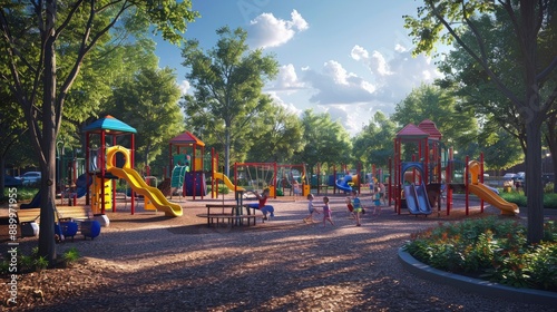 Wallpaper Mural A vibrant playground scene filled with children playing on swings, slides, and climbing structures, surrounded by lush green trees and a bright blue sky. Torontodigital.ca