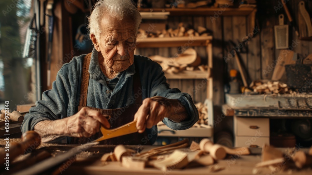 A senior man woodworking in his workshop, crafting a beautiful piece with dedication A senior man woodworking in his workshop, crafting a beautiful piece with dedication