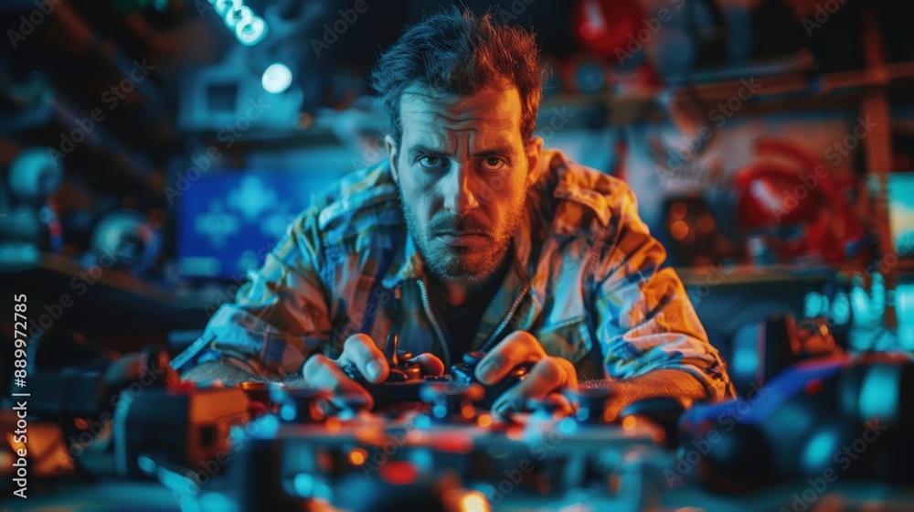 Out of Shape Male Attempting to Fix a Joystick and Failing, Frustrated Expression in a Casual Setting, Depicting the Challenges of Repair and Technical Difficulties Out of Shape Male Attempting to Fix a Joystick and Failing, Frustrated Expression in a Casual Setting, Depicting the Challenges of Repair and Technical Difficulties