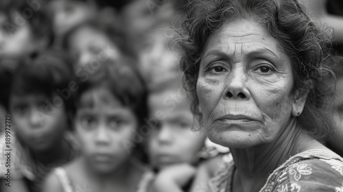4K ultra high definition black and white retro photos, middle-aged Brazilian woman and children in the crowd, facing the camera, strong movie sense, national geographic style, deep focus
