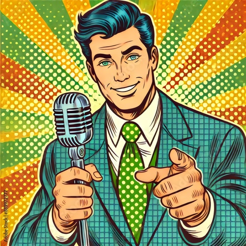 This lively image features a charismatic retro-style announcer with a classic microphone in hand, exuding confidence and charm