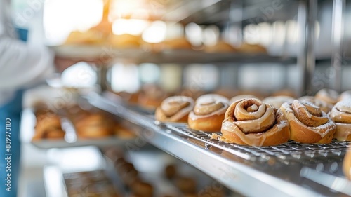 Cinnamon rolls with glistening glaze bake in a commercial bakery oven.