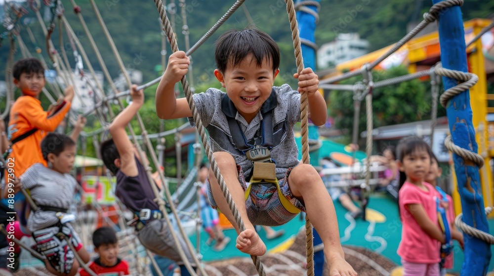 A playful scene of children using a zip line on a playground, with looks of thrill and excitement on their faces. A playful scene of children using a zip line on a playground, with looks of thrill and excitement on their faces.