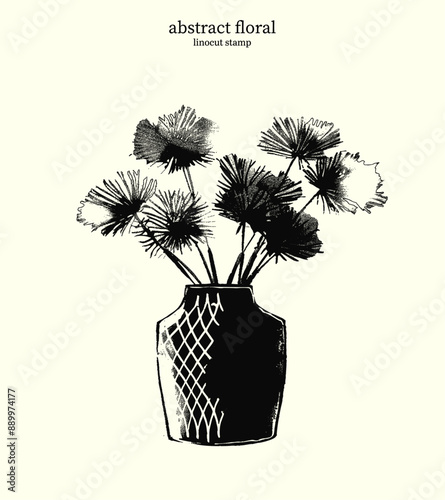 Black And White Linocut Floral Bouquet In Geometric Vase 15