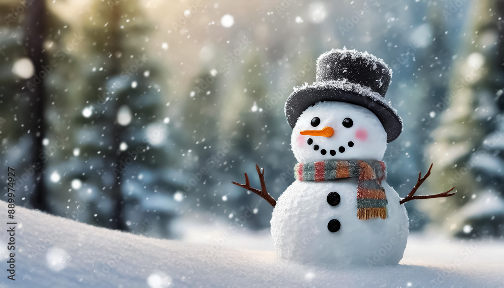 Fototapeta premium Snowman with hat and scarf sits in the forest, Christmas winter scene, text space