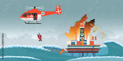 Emergency evacuation by helicopter offshore oil.