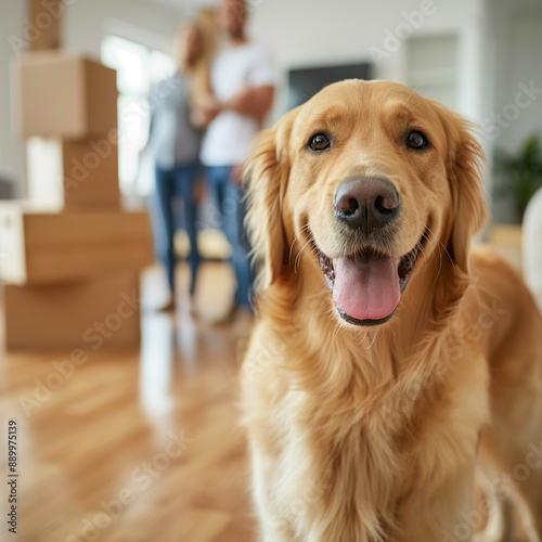 Happy golden retriever dog standing in a new house