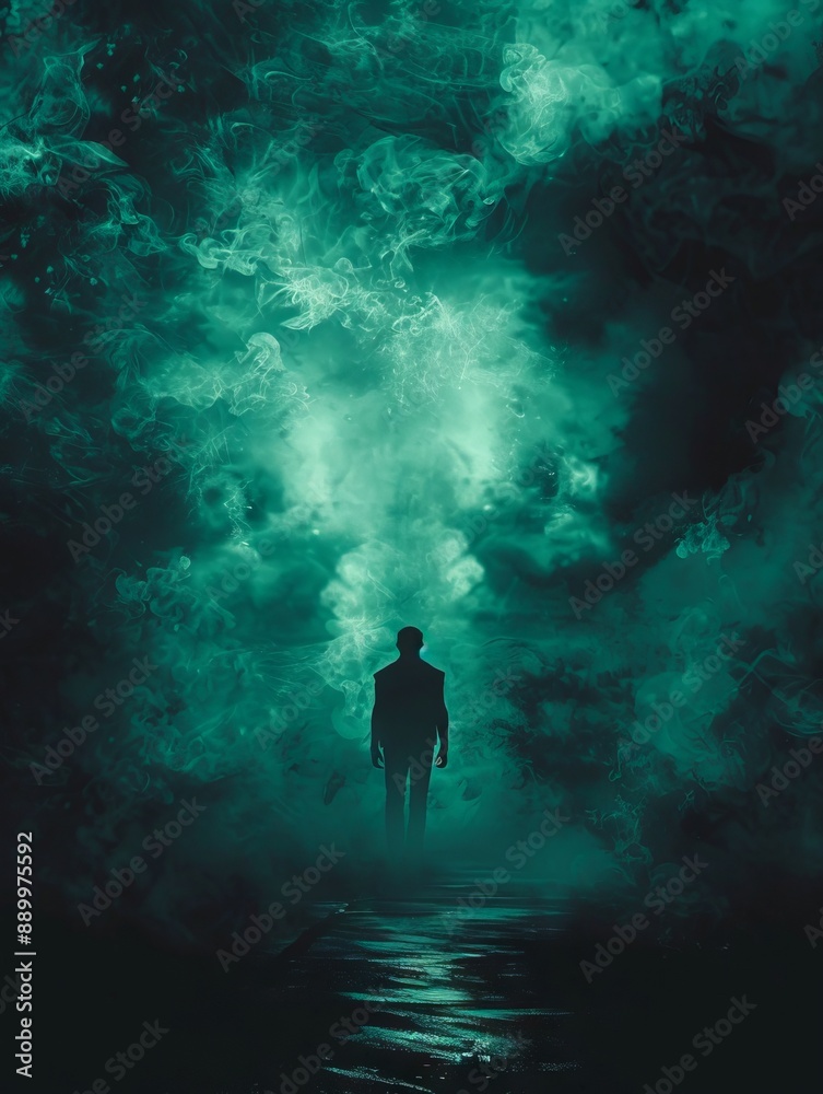 A man in a suit walking through a dark cloud. A man in a suit walking through a dark cloud.