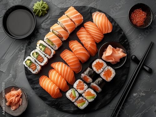 An overhead shot of an exquisite sushi platter, featuring a variety of nigiri and maki rolls, artfully arranged on a black textured plate.