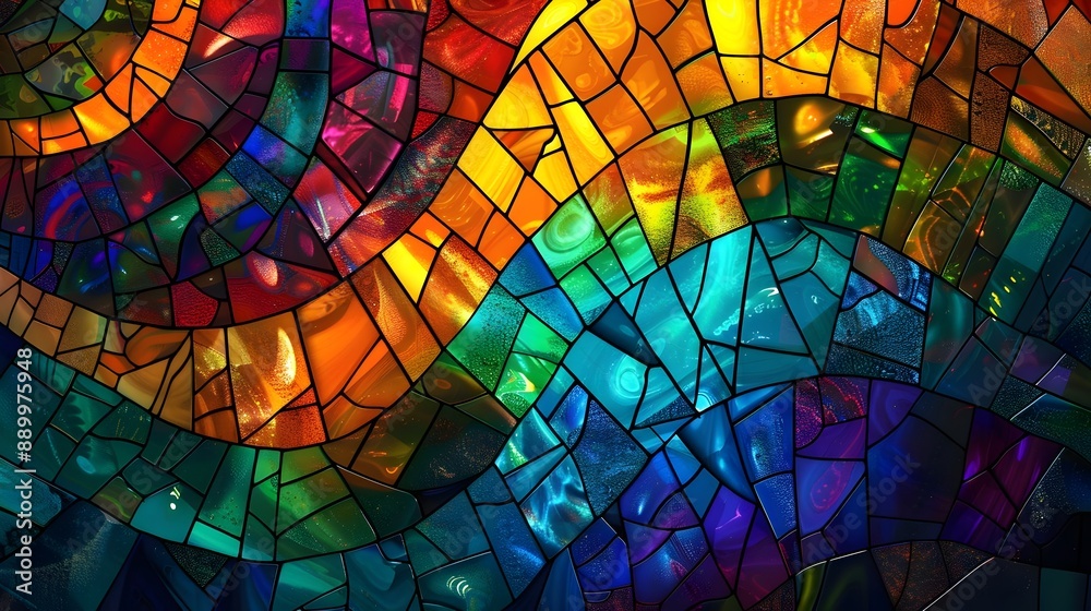 Fototapeta premium Vibrant Mosaic Harmony Abstract Background and Colorful Stained Glass Patterns with Radiant Sunburst