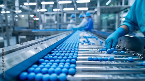 A man in blue gloves is working on a conveyor belt.