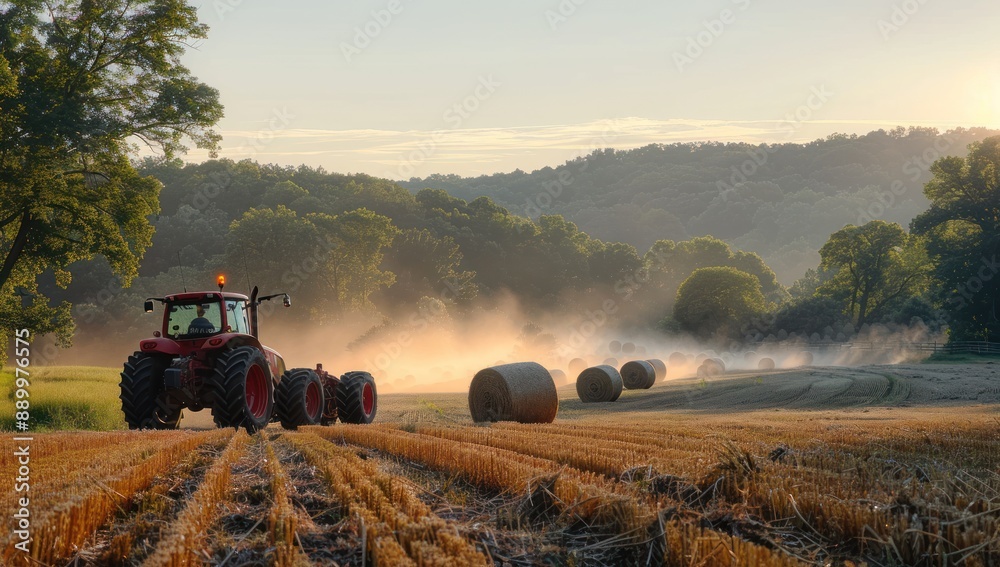 Obraz premium Tractor Making Hay Bales in a Misty Field